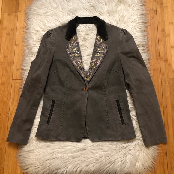 La Rok Beaded Embroidered Artsy Velvet Neck Cut Out Back Grey Blazer Jacket M - Picture 1 of 15